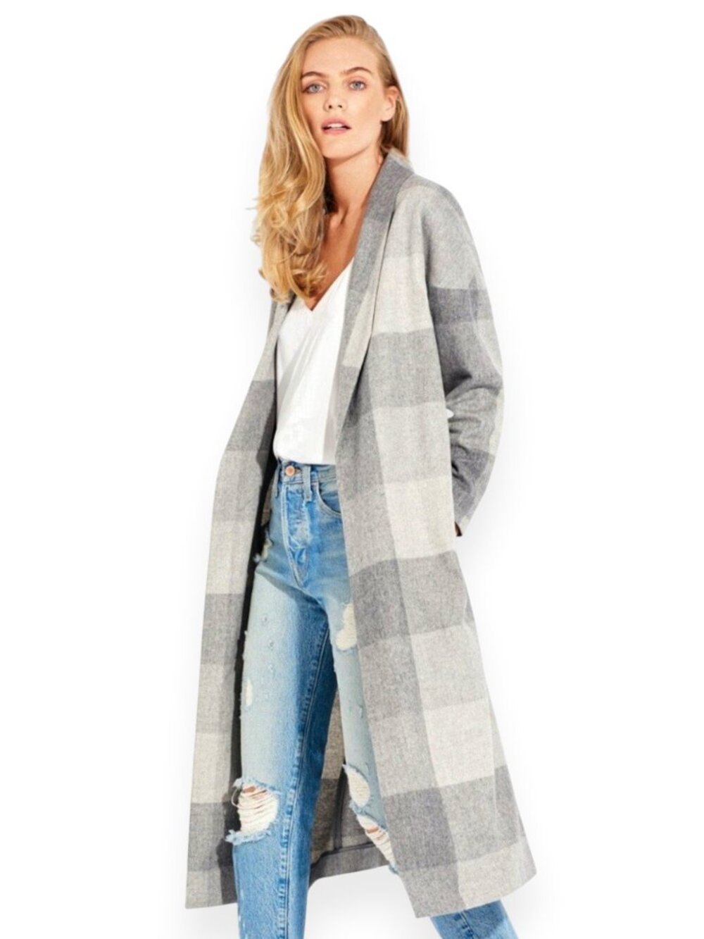Ayr The Robe Wool Long Coat Grey Plaid Checkered Lightweight Size M - L